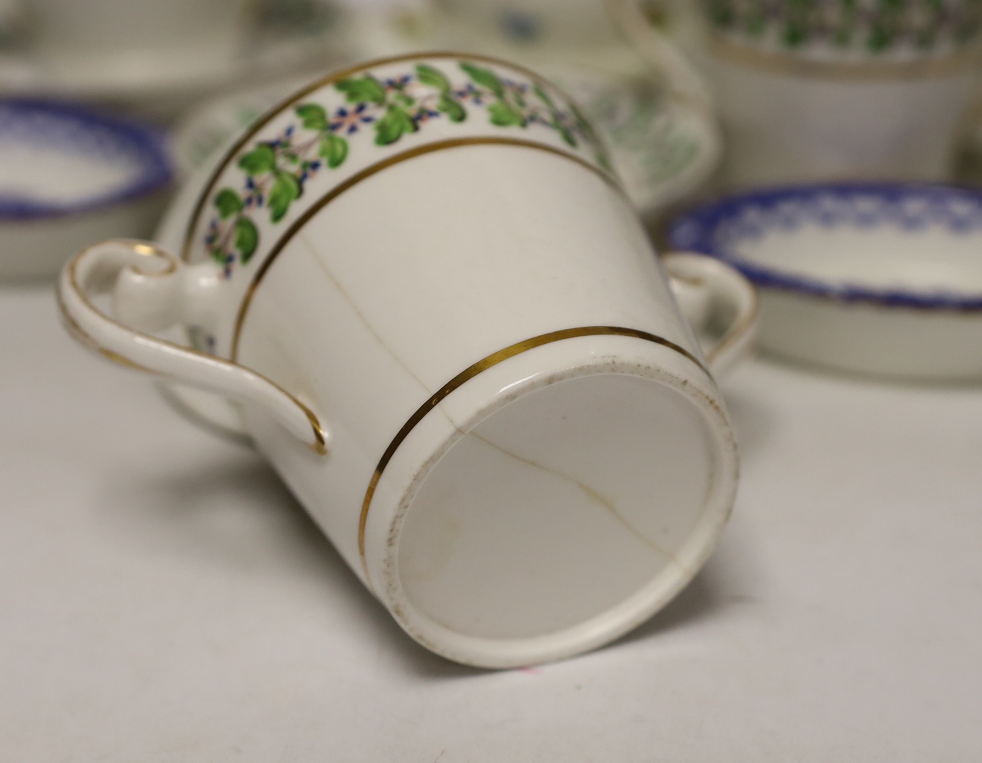 A moustache cup and other English tableware including a pair of Royal Doulton blue and white printed dishes